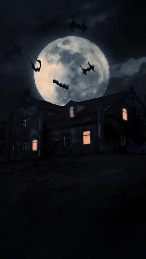Haunted Mansion Under Oversized Moon With Bats Circling, Lit Windows And Stock Footage 324863656