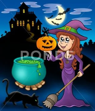 Haunted mansion with wizard girl Stock Illustration