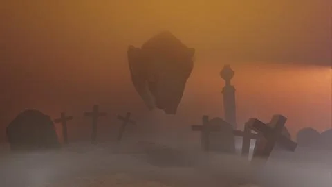 Haunted Old Cemetery with Floating Ghost Bedsheet 3D Graphic Halloween Stock Illustration