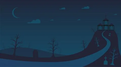Haunted old mansion flat vector illustration. Scary ancient hill house, dark Stock Illustration