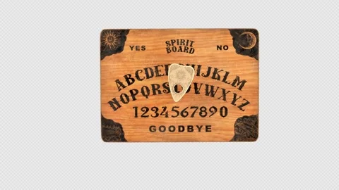 Haunted Ouija Board Planchette Points to Goodbye, Top Down View Stock-Footage 346155961