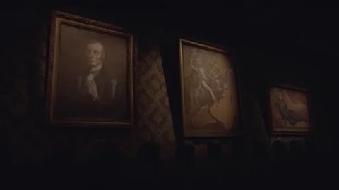 Haunted paintings flash to skeleton scene Stock Footage 242697605