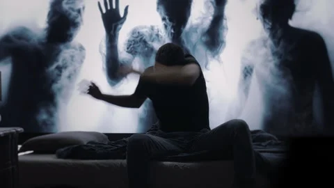 Haunted Person On Bed Dealing With Dark Shadow Figures Mental Health Depression Stockbeeldmateriaal 288889256