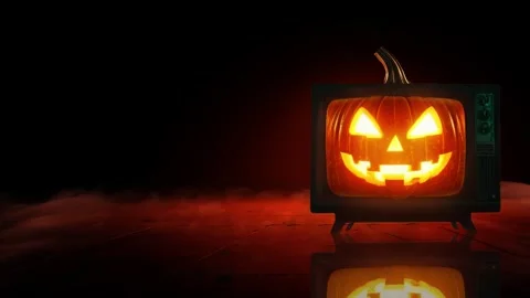 Haunted Pumpkin TV Loop | Halloween Cinematic Fog and Glitch Motion Background Stock Footage 317692284