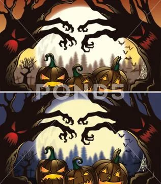 Haunted Pumpkins and Trees for Halloween Stock Illustration