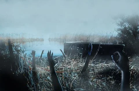 Haunted river shore with ghost hands. Stock Illustration