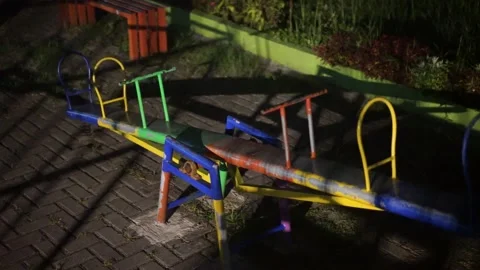 Haunted See Saw Moving Itself At Empty Kids Playground At Cold Night Stock Footage 204840478