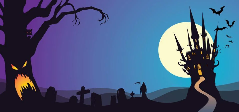Haunted Tree Graveyard Castle Stock Illustration