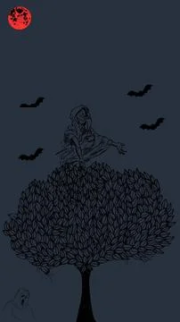 The haunted tree at midnight and a evil above it Stock Illustration