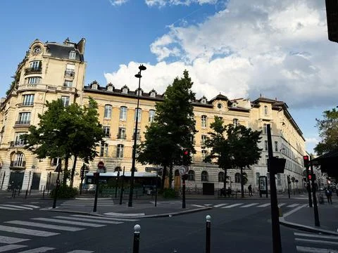 Haussmann building and tree-lined street at a Paris, France intersection wi.. Stock Photos
