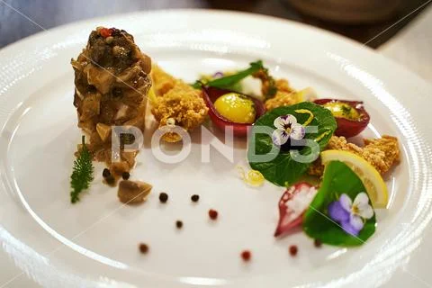 Haute cuisine or high kitchen food concept. Frog legs and bone marrow served Stock-Fotos