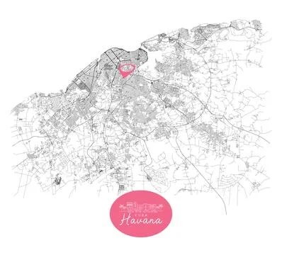 Havana Cuba,Streets Roads Map with location pin Stock Illustration