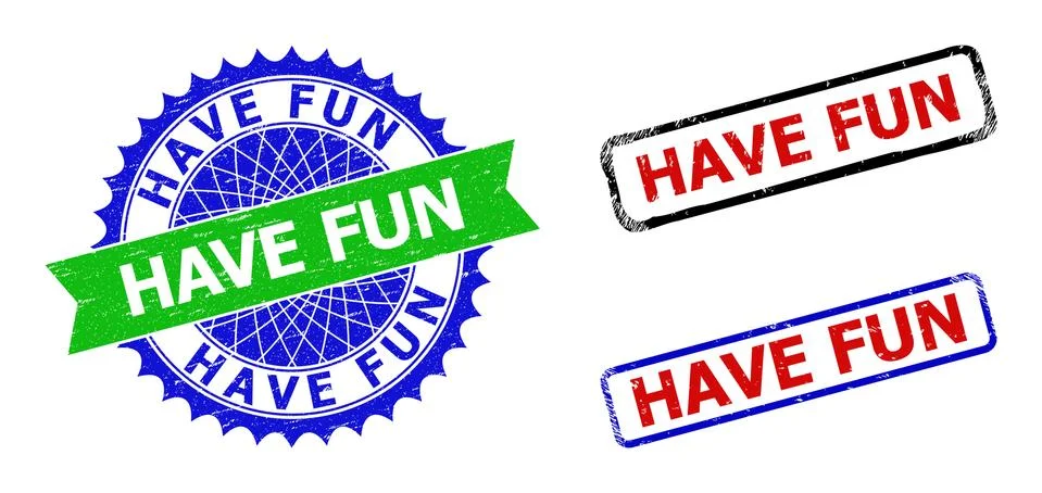 HAVE FUN Rosette and Rectangle Bicolor Stamp Seals with Unclean Textures Stock-Illustration