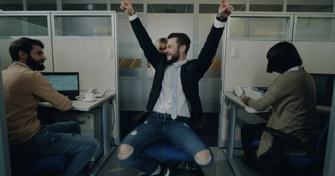 Have fun time at work place two workers blonde young female playing with her men Stock Footage 89326817