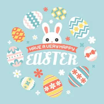 Have a very happy easter headline with cute bunny and red ribbon in circle frame 스톡 일러스트