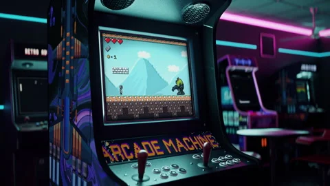 Having fun in platformer simulator with pixel art graphics on arcade machine Stock Footage 249388892