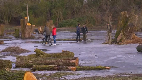 Having fun on pond ice Vídeo Stock 149867993