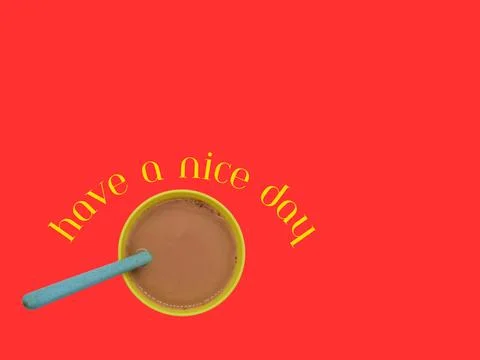 Having a good day is written on a red background with a yellow coffee cup. .. Fotos de archivo