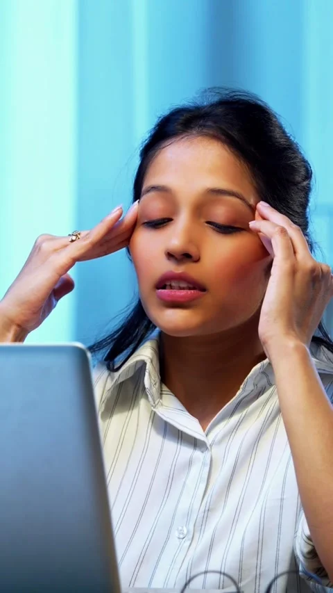 Having headache while working, Indian businesswoman stressed using laptop Stock-Footage 342572813