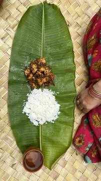 Having lunch on banana leaf Stock Photos