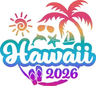 Hawaii 2026 - Vacation Trip Elements - Palm Tree Sunglasses Dolphin Illustrazione stock