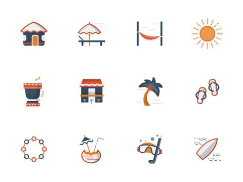 Hawaii beach flat color vector icons set Stock Illustration