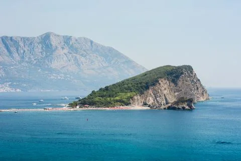 Hawaii beach, seafront view at St. Nicholas Island in Adriatic Sea near town  Stock Photos