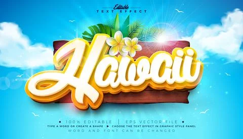 Hawaii Beach Summer Editable Text Effect Design Vector Graphic Style with Vac Illustration