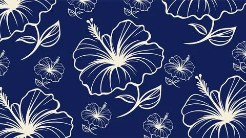 Hawaii Hibiscus Flower Seamless Pattern on Dark Blue Background Line Art Ve.. Stock Illustration