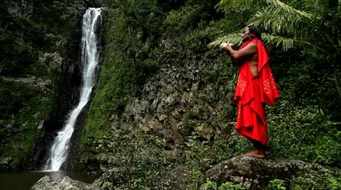 A Hawaii native performs a conch ritual in front of a tropical waterfall. Stockbeeldmateriaal 8998130