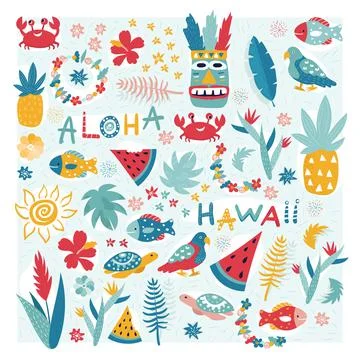 With Hawaii objects handrawn Stock Illustration