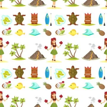 Hawaii seamless pattern background dancer woman tiki gods totem pole tiki イラスト素材