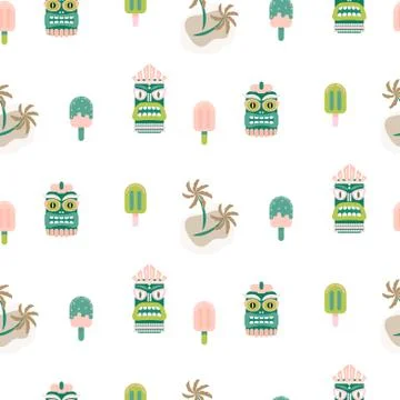 Hawaii seamless vector pattern. Tiki mask and palm trees white background. Illustrazione stock