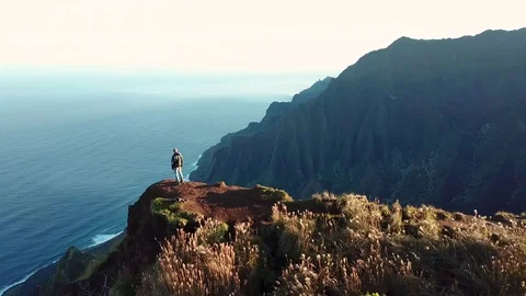 Hawaii Sunrise Ocean Cliffs 4k Drone Orbit Stock Footage