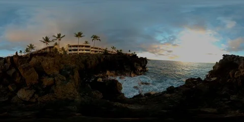 Hawaii Sunset 360 VR Waves Crashing Against Rocky Cliffs Kona Big Island Stock Footage 100192177