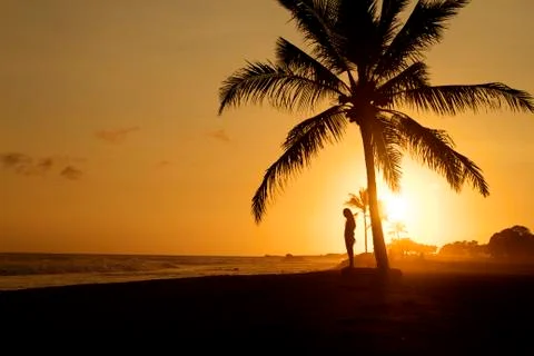 Hawaii Sunset Standing man on beach Stock Photos