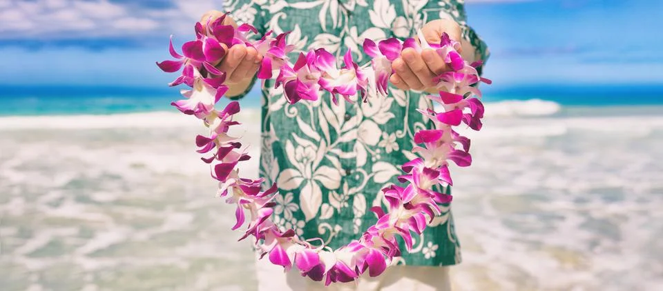 Hawaii welcome hawaiian lei flower necklace offering to tourist as welcoming Stock Photos