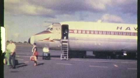 Hawaiian Airlines Jet Plane Tourism Runway 1960s Vintage Film Home Movie 814 Stock Footage