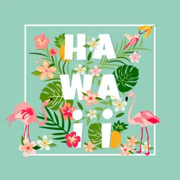 Hawaiian bright card with toucan, pineapple, flamingos, foliage and text Stock Illustration