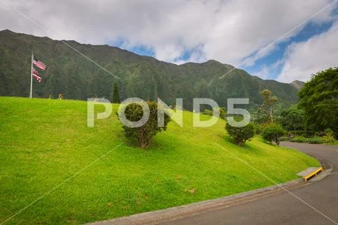 Hawaiian cemetery at the Valley of Temples, Oahu island Stock Photos