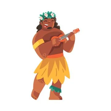 Hawaiian Man Character with Lei Garland or Wreath Playing Ukulele Vector Stock Illustration