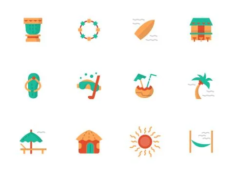 Hawaiian vacations flat color vector icons set Illustrazione stock