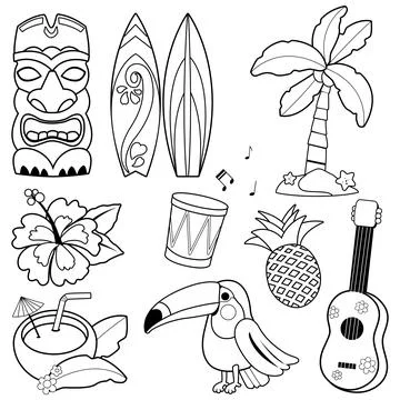 Hawaiian vector collection. Black and white coloring page Stock Illustration