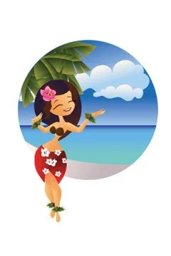 Hawaiian young hula dancer on ocean beach Stock Illustration