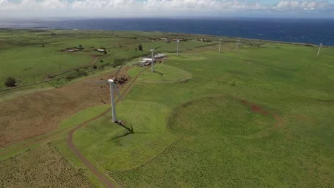 Hawi Renewable Development Wind Farm in Hawi, Hawaii Drone Aerial View Stock Footage 201121695