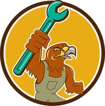 Hawk Mechanic Pipe Spanner Circle Cartoon Illustration of a hawk mechanic ... Stock Photos