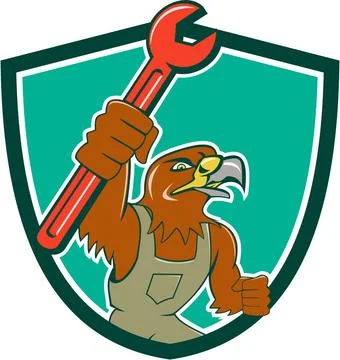 Hawk Mechanic Pipe Spanner Crest Cartoon Illustration of a hawk mechanic r... Stock Photos
