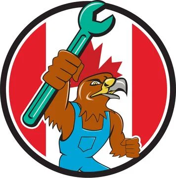 Hawk Mechanic Spanner Canada Flag Cartoon Illustration of a hawk mechanic ... Stock Photos