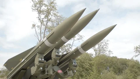 Hawk surface to air missiles aimed at the sky. Video stock 108905690