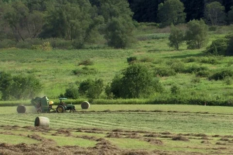 Hay bailer ejects a hay bail as Farmer makes hay in evening sun Stock Footage